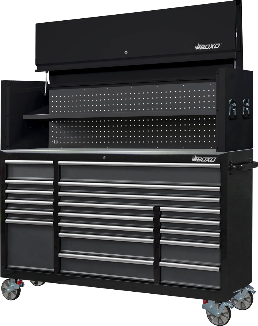 BOXO 72" 19 Drawer Roll Cabinet & Hutch with Drawer Trim Pack - Black Body & Trim Colour Options