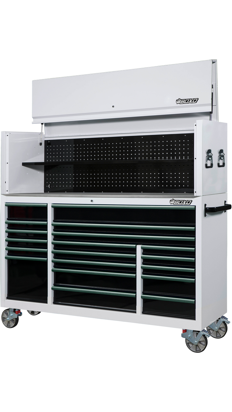 BOXO 72" 19 Drawer Roll Cabinet & Hutch with Drawer Trim Pack - White Body & Trim Colour Options