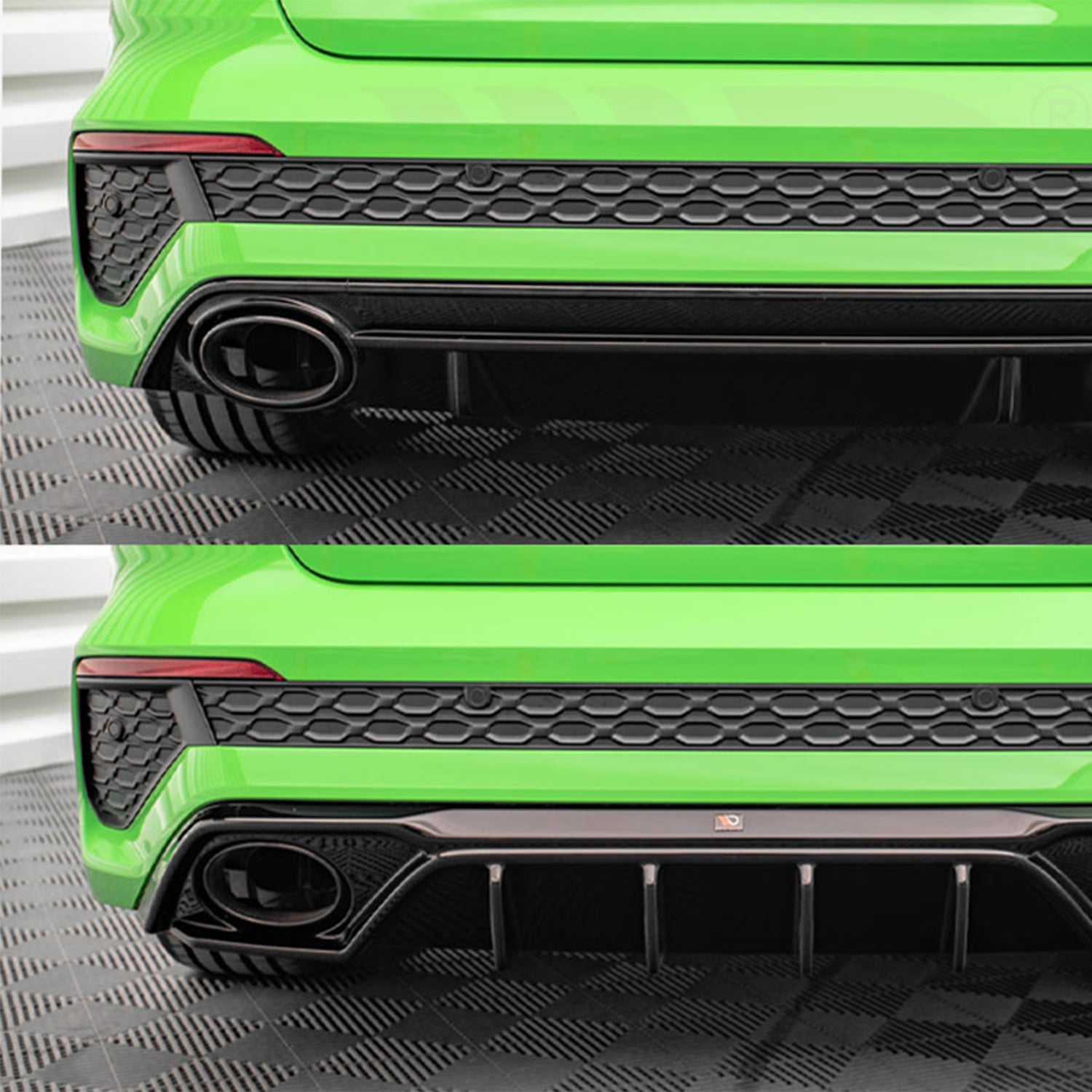 Maxton Design Audi 8Y RS3 Aggressive Rear Diffuser In Gloss Black Before And After Photos