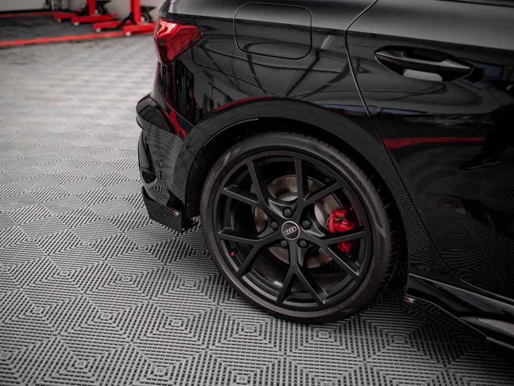 Maxton Street Pro Rear Side Splitters (+Flaps) AUDI RS3 Sportback 8Y (2020-) in Gloss Black-R44 Performance