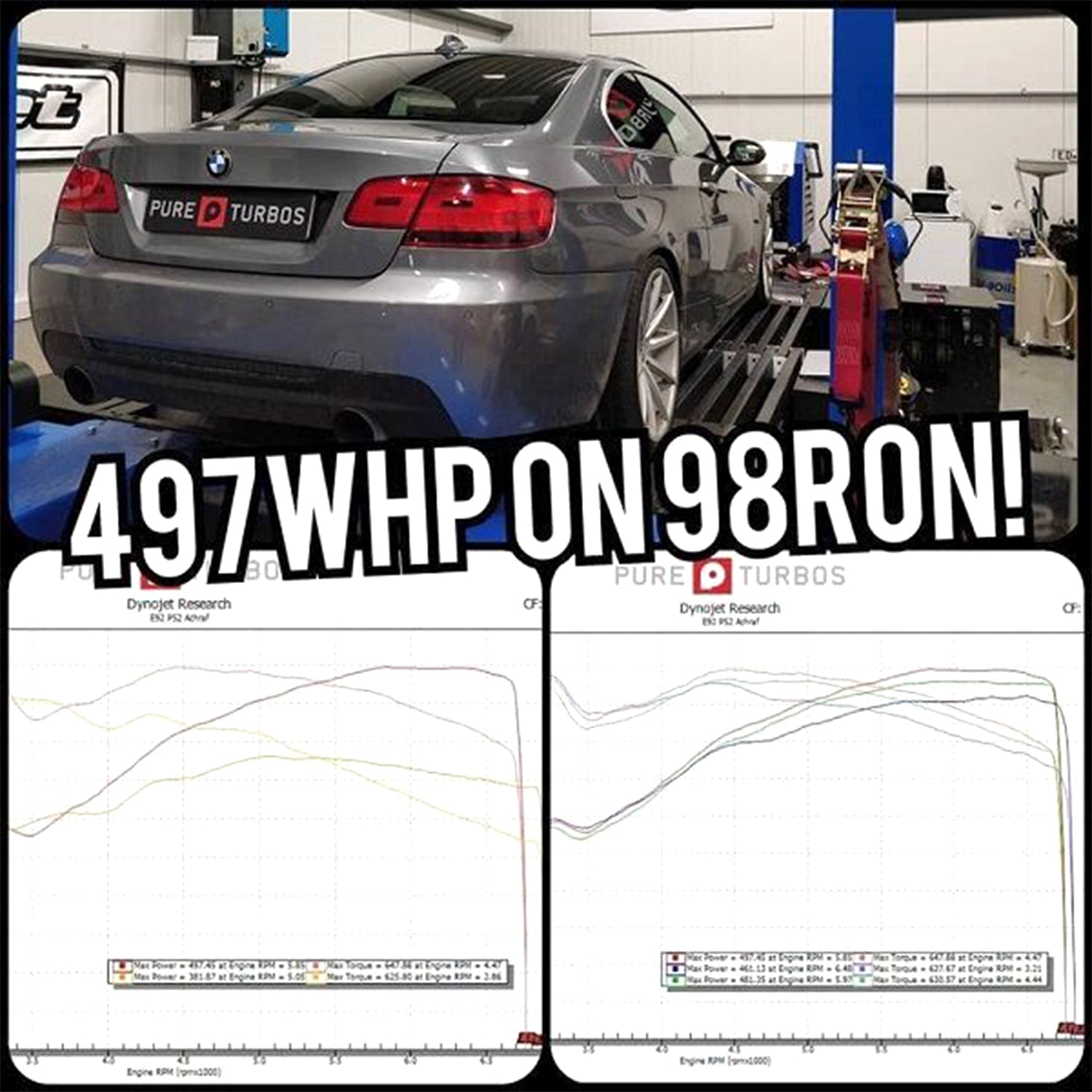 Pure Turbos BMW N54 Stage 2 Cast Turbos 500whp Dyno Graph Printout (E9X 335i LHD) - R44 Performance