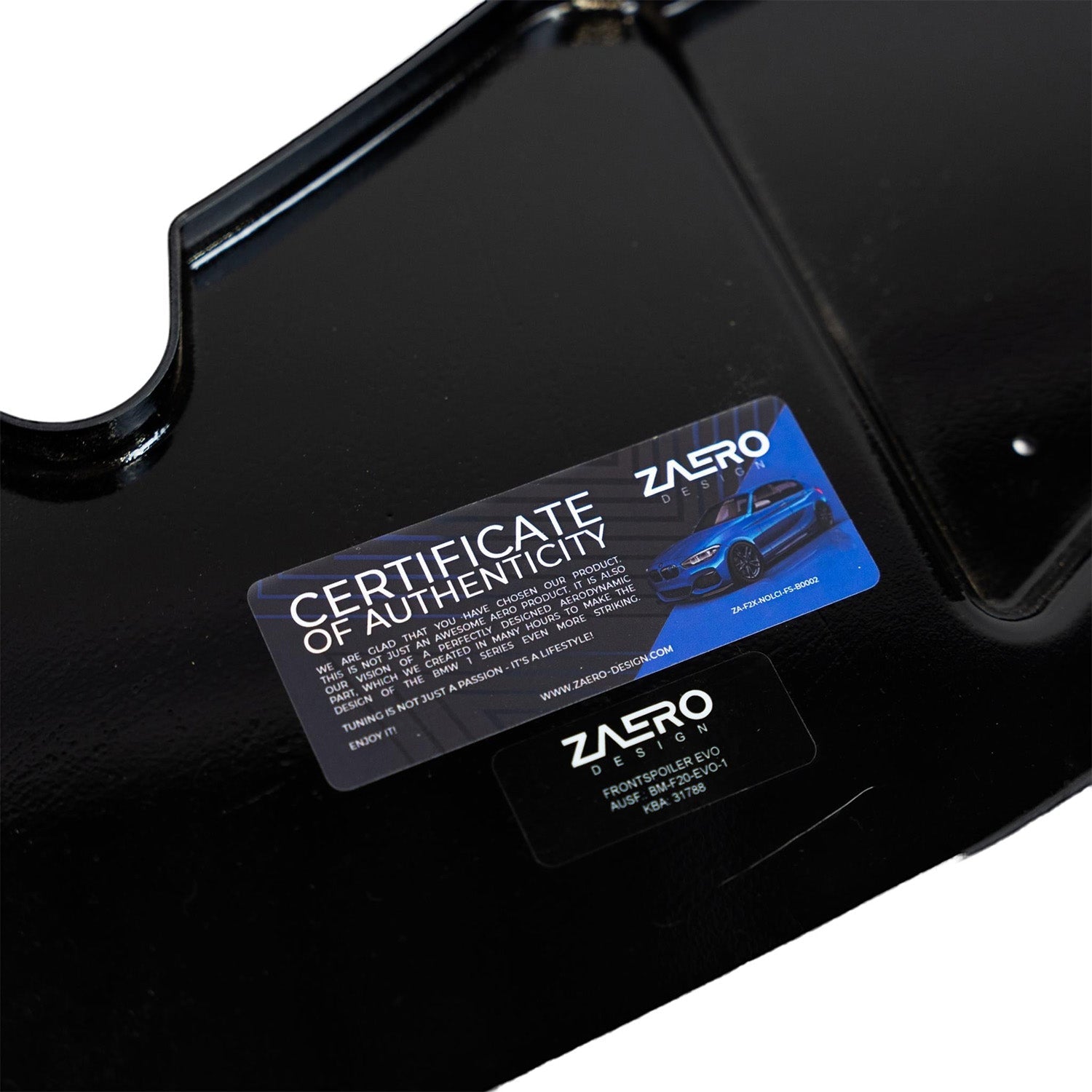 ZAERO Design BMW 1 Series Pre-LCI Gloss Black Front Splitter Authenticity Sticker