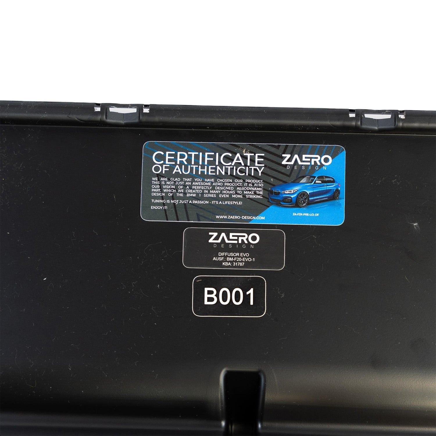 ZAERO Design BMW M135i Pre-LCI Rear Diffuser In Gloss Black Authenticity Sticker